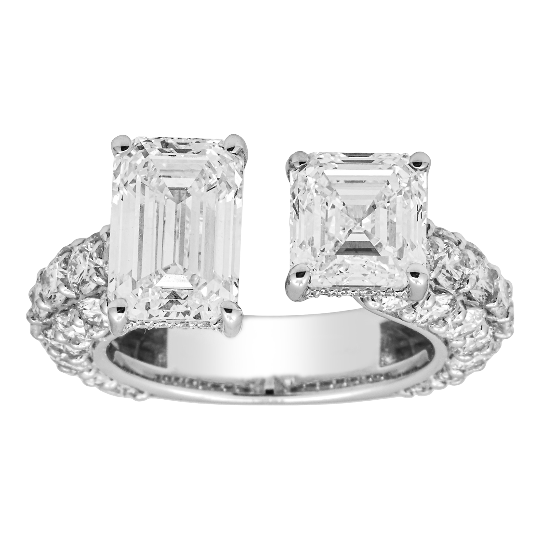 Emerald Cut & Asscher Cut Lab Diamond Toi et Moi Ring – 8.18 Carats Total, 14K White Gold
