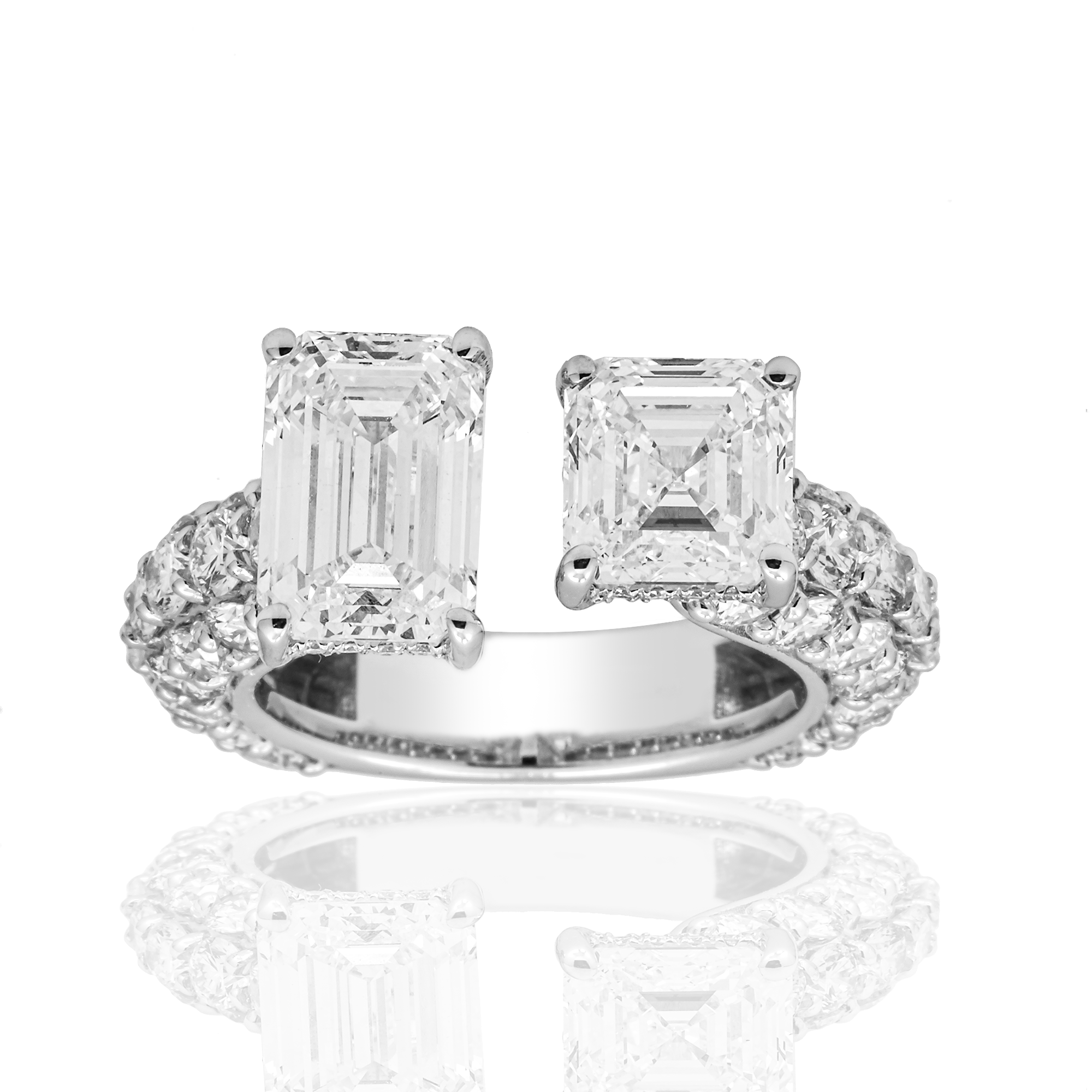 Emerald Cut & Asscher Cut Lab Diamond Toi et Moi Ring – 8.18 Carats Total, 14K White Gold