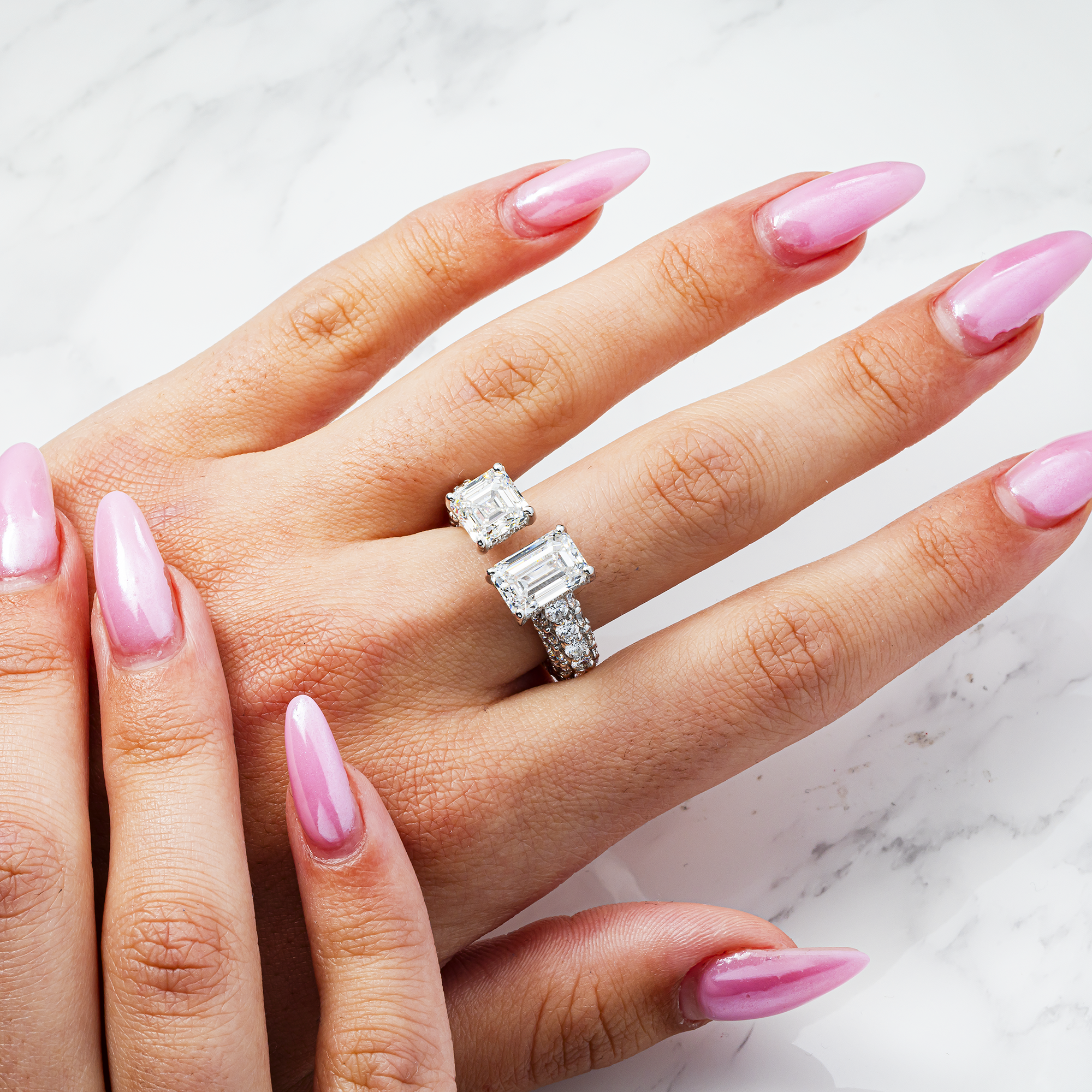 Emerald Cut & Asscher Cut Lab Diamond Toi et Moi Ring – 8.18 Carats Total, 14K White Gold