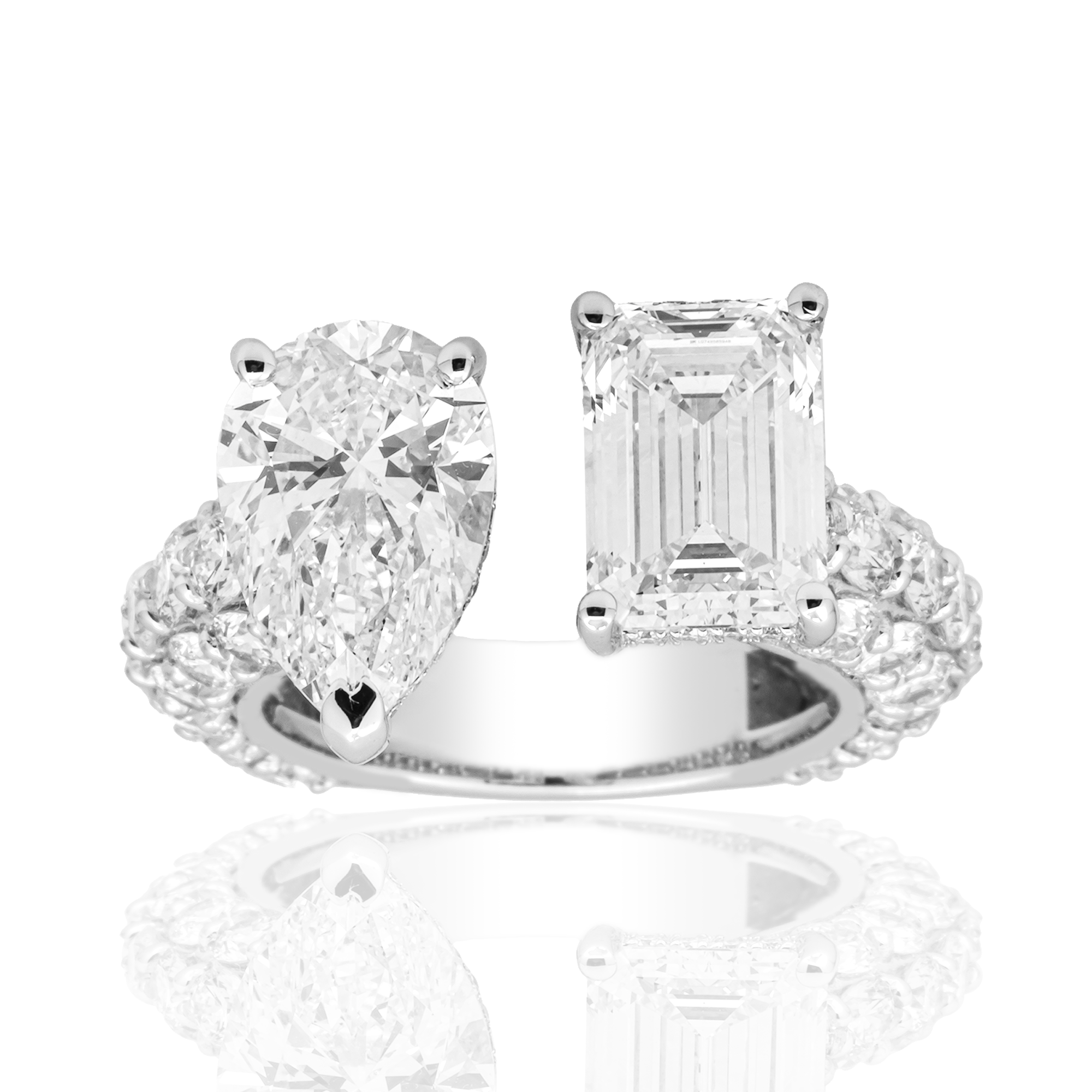 Emerald Cut and Pear Shape Lab Diamond Toi et Moi Ring – 8.2 Carats Total, 14K White Gold