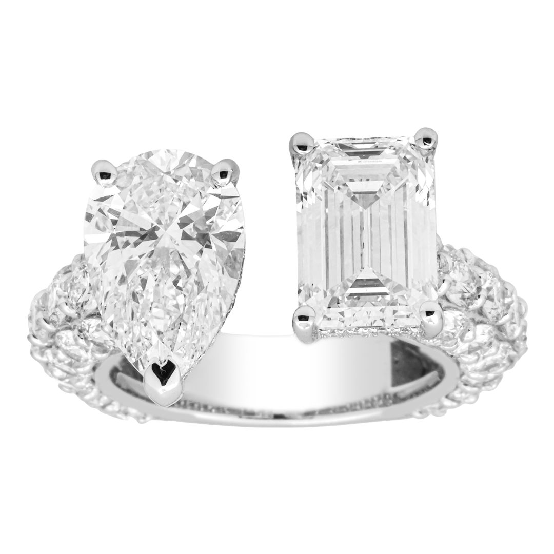 Emerald Cut and Pear Shape Lab Diamond Toi et Moi Ring – 8.2 Carats Total, 14K White Gold