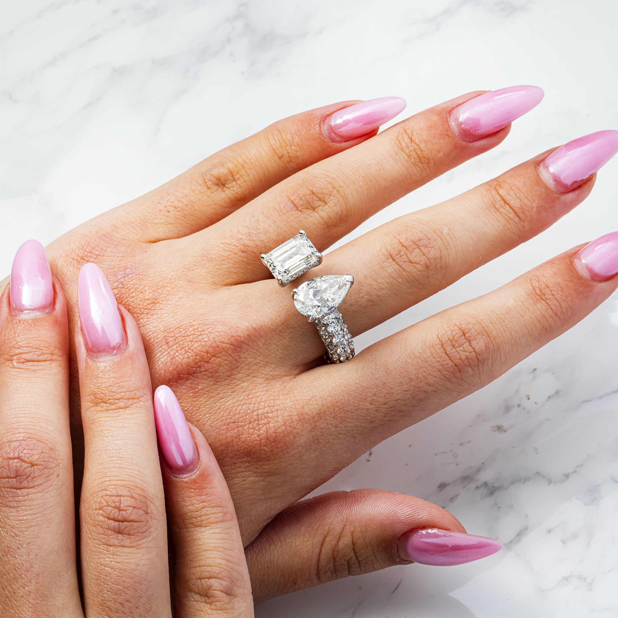 Emerald Cut and Pear Shape Lab Diamond Toi et Moi Ring – 8.2 Carats Total, 14K White Gold