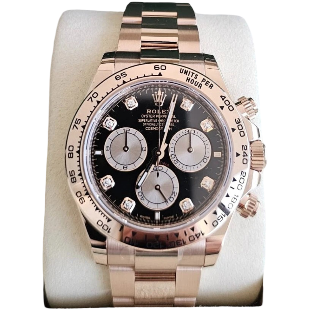 Rolex Daytona UNWORN FULL SET BOX AND PAPERS Rose Gold Black Diamond 126505